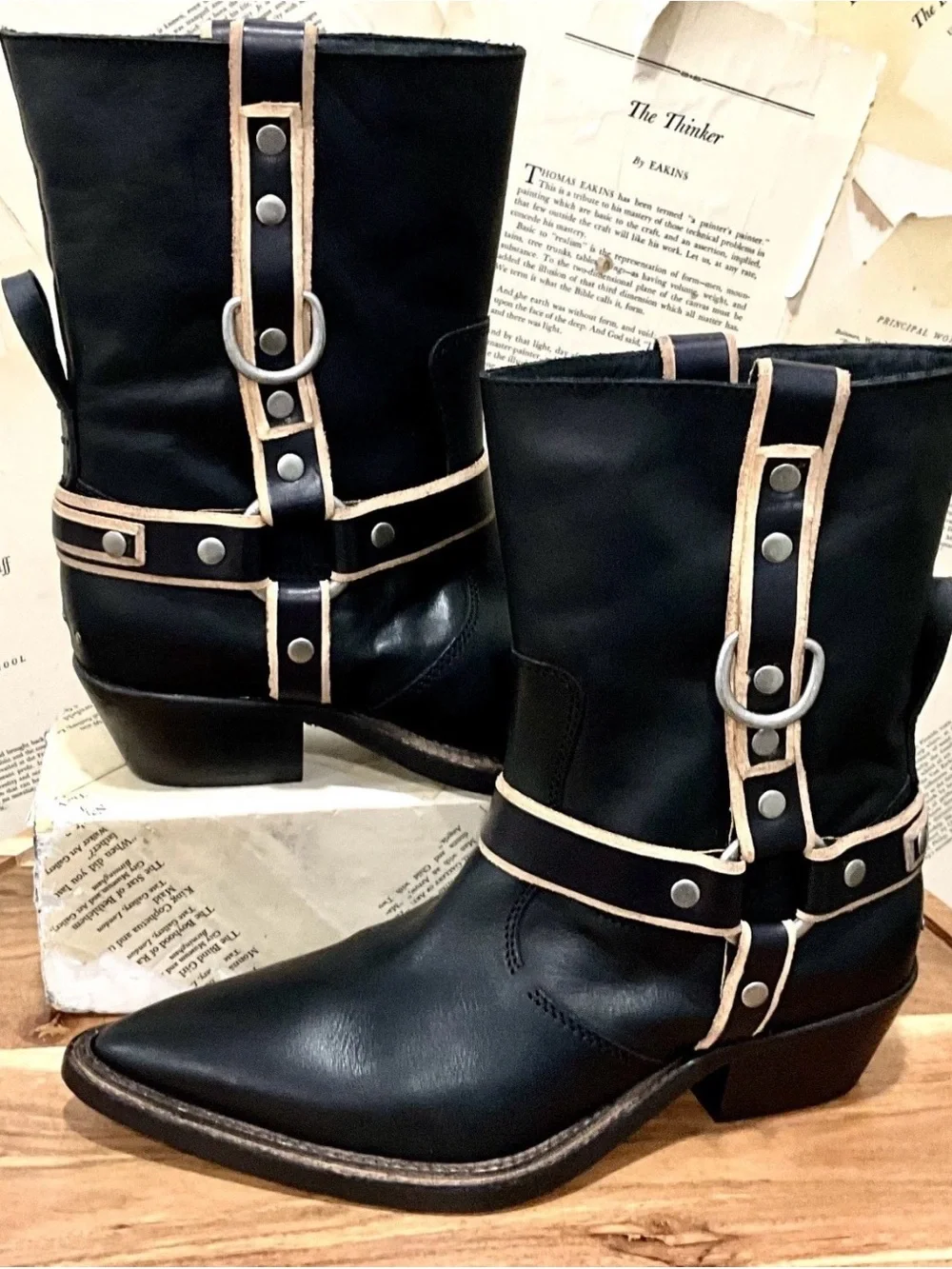 Free People We The Free Abroad Harness Boots Black Tan Pewter Pointy - Picture 4 of 8
